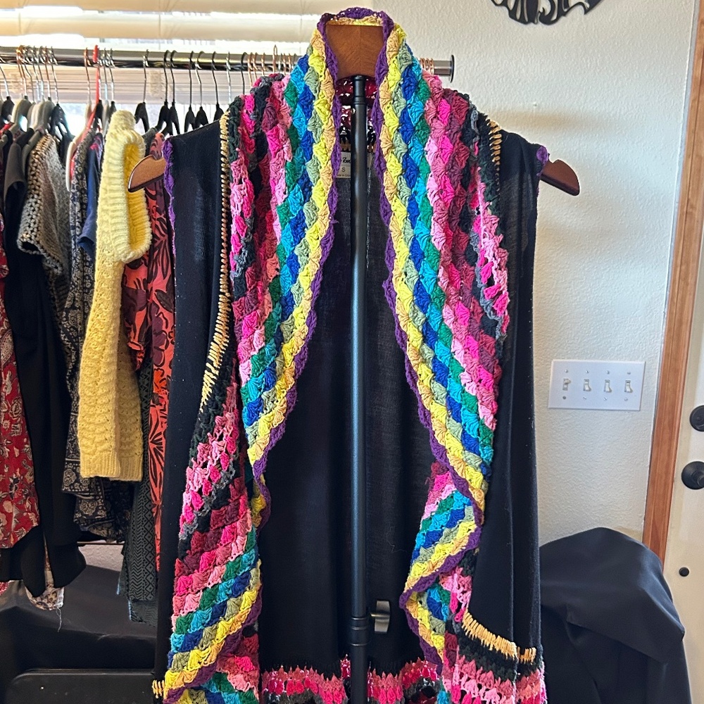 🌈 Double Zero Boho Crochet Trim Open Vest | Colorful | Size Small
